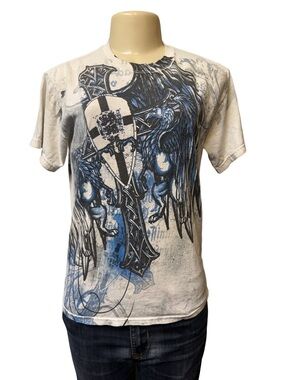 White Short-Sleeve Graphic Tee with Blue & Black Cross and Wing Design